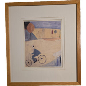 Whimsical Framed Art Print Man on Bicycle with Dog Stylized Landscape 17x19